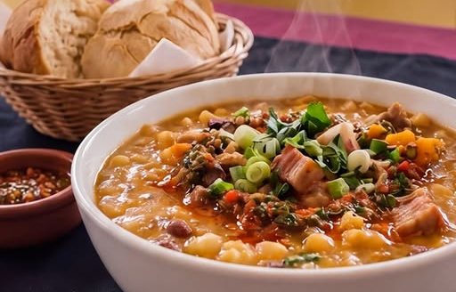 Pan casero y un plato de locro humeante sobre la mesa